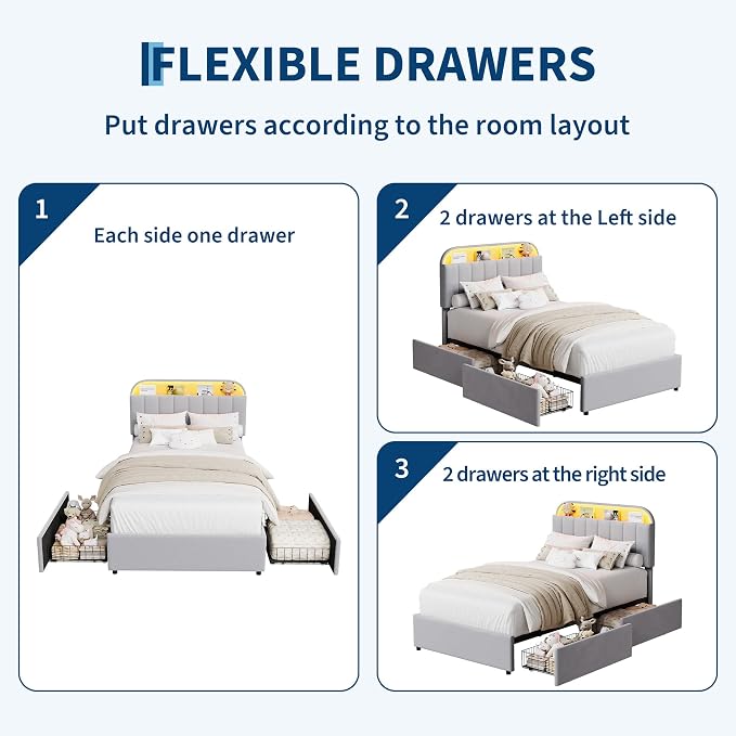 GarveeHome Twin Bed Frame with Storage Headboard, Kids Bed Frame with 2 Drawers, Velvet Upholstered Platform Bed Frame with Lights, No Box Spring Needed, Easy Assembly, Velvet Grey