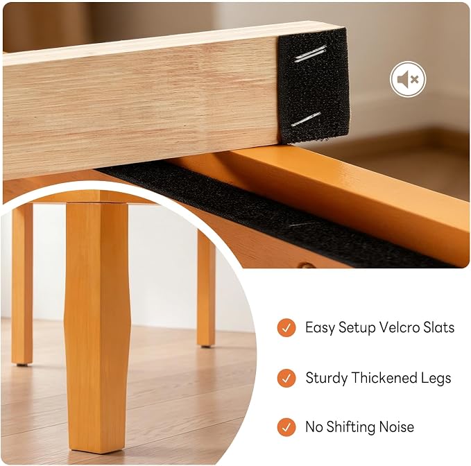 Sweetcrispy Queen Size Bed Frame 16 inch Heavy Duty Platform Bedframe, 1000 lbs Capacity, Underbed Storage, No Box Spring Needed, Wooden Slats, Easy Assembly with Velcro, Honey Finish