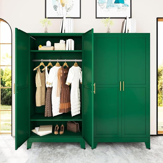 71 "Metal Armoire Wardrobe Closet, Steel Clothing Storage Cabinet with Adjustable Shelves and Hanging Rod, Household Steel Wardrobes Storage Cabinet with Adjustable standing feet (Wardrobe-Green)