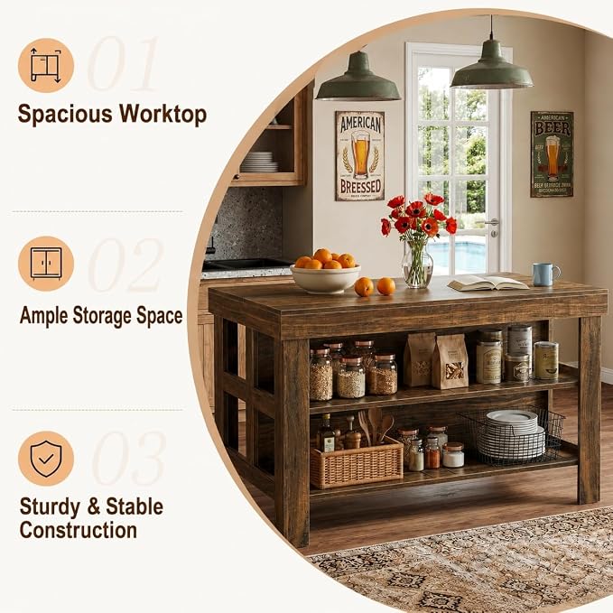 Tribesigns 55.1-Inch Kitchen Island with Seating and Storage, 3-Tier Large Farmhouse Island Table with Large Countertop and Leg Room for Kitchen Dining Room (deep Brown)