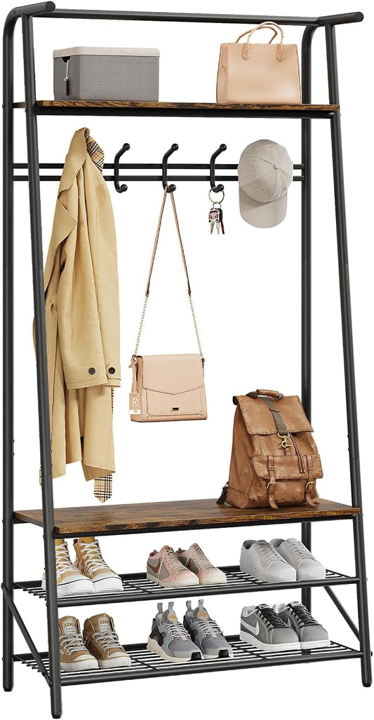 MDF Hall Tree with Bench, 4-in-1 Entryway Coat Rack with Storage Shelf & Shoe Organizer, Sturdy Freestanding Furniture for Living Room, Bedroom, Mudroom