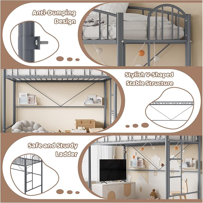GarveeHome Loft Bed Twin Size, Heavy Duty Metal Loft Bed Frame with Arched Guardrail and Safety Ladder, Space-Saving, No Box Spring Needed, Modern Gray