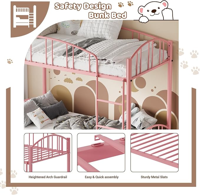 GarveeHome Metal Bunk Bed Twin Over Twin, Heavy Duty Bunkbeds Frame with Arched Guardrail and Safety Ladder, Sturdy Steel Bed for Kids Boys Girls, Space-Saving, No Box Spring Needed, Modern Pink