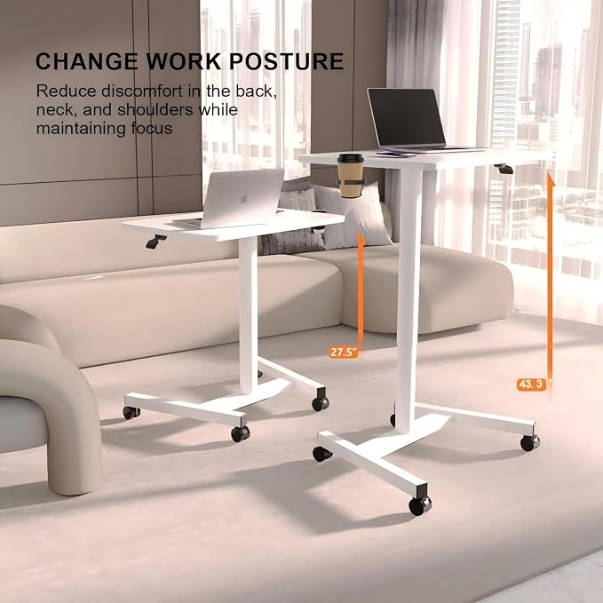 28-Inch Mobile Standing Desk, Computer Workstations with Cup Holder, Portable Standing Desk with Lockable Wheels, Rolling Table for Home Office Classroom Hospital (Snow-White, Steel Classic)