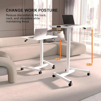 28-Inch Mobile Standing Desk, Computer Workstations with Cup Holder, Portable Standing Desk with Lockable Wheels, Rolling Table for Home Office Classroom Hospital (Snow-White, Steel Classic)