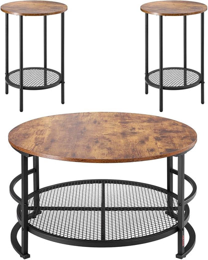 VEVOR 3 Pieces Round Coffee Table Sets, 31.5 in Industrial Living Room Table with 2 End Side Tables, Easy Assembly Coffee and End Tables Sets with Metal Legs, for Office, Living Room and Apartment