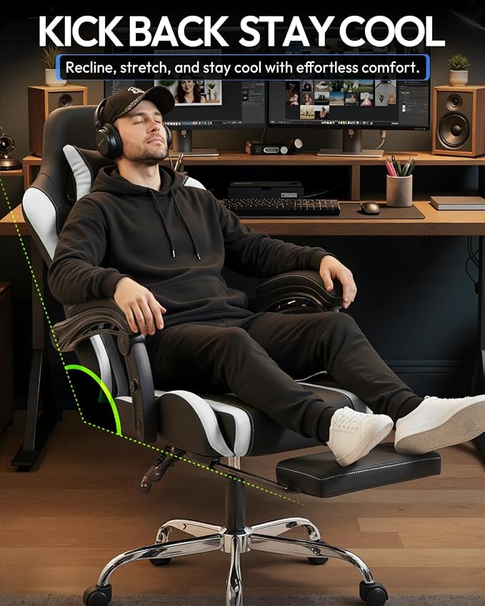 Dowinx Ergonomic Gaming Chair with Footrest & Massage Lumbar, 2D-Linkage Armrests for Computer Chair 330lbs with Headrest Pillow for Office, Home, Streaming and Long Gaming Sessions, White