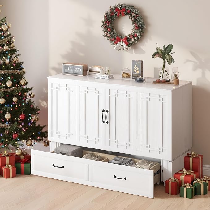 BALUS Queen Murphy Bed with Mattress, Cabinet Bed with Mattress & USB Charging Ports & Storage Drawers, Space-Saving Chest Murphy Beds, Hidden Cabinet Beds for Bedroom, Office - White