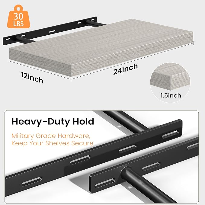 Fun Memories Floating Shelves - 2 Pack 12 Inch Deep Rustic Wooden Wall Shelves - Extra Deeper & Thicker Wall Mounted Storage Shelf for Living Room, Kitchen, Farmhouse - 24" W x 12" D x 1.5" H - Grey