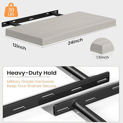 Fun Memories Floating Shelves - 2 Pack 12 Inch Deep Rustic Wooden Wall Shelves - Extra Deeper & Thicker Wall Mounted Storage Shelf for Living Room, Kitchen, Farmhouse - 24" W x 12" D x 1.5" H - Grey