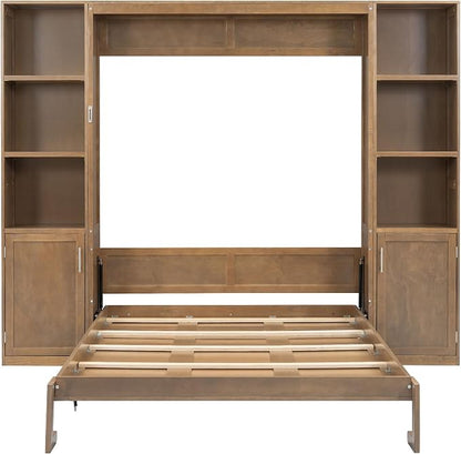 Ball & Cast Murphy Bed Queen Bed Frame with Headboard,Hideaway Bedframe w/Storage Shelves and Cabinets,Wood Wall Chest,Slat Support,can be Folded,No Box Spring Needed,for Small Room,Wood