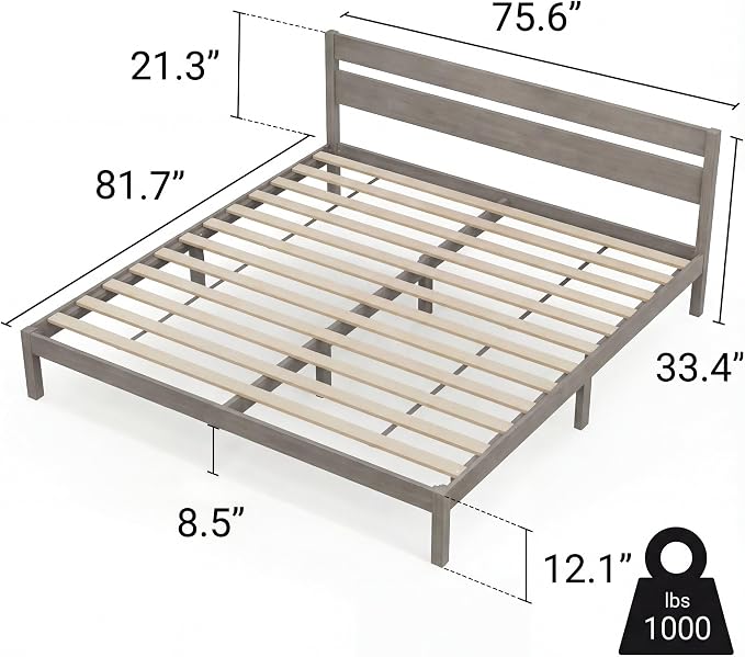 LIFEMENT King Bed Frame with Headboard Classic Wood Platform, Noise Free, Under Bed Storage, No Box Spring Needed, Easy Assembly, Gray