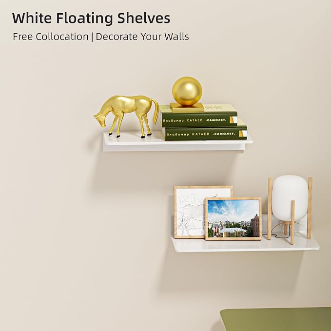 HNVNER Glossy White Metal Floating Shelf 2-Piece Set, Adhesive Wall Shelves in Thickened Aluminium Wall Mounted Shower Caddy, Ideal for Display & Storage in Living Room, Bedroom, Bathroom (11.7")