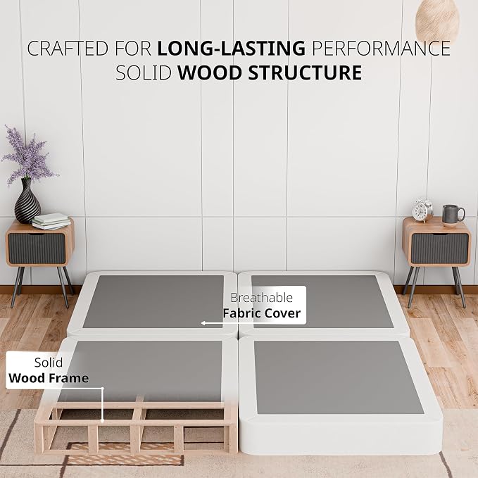 Nutan, Box Spring Bed Base Queen Size, 4-Inch Wood Mattress Foundation – Amish Made in USA – Quiet Noise Free, 4-Pieces Under Mattress-Support BoxSpring, Fully Assembled, White