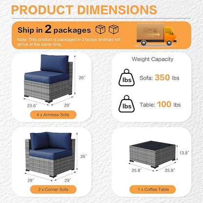 MOCHITO 7 Pieces Outdoor Patio Furniture Sets, All-Weather Sectional Sofa Grey PE Rattan Wicker Conversation Set with Glass Table and Washable Blue Cushions for Backyard,Sunroom,Garden,Porch