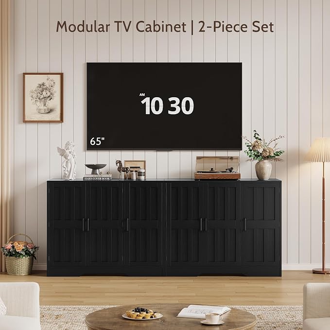 Modern Farmhouse Buffet Cabinet with Storage, 42" Large Sideboard Storage Cabinet with 3 Barn Doors, Coffee Liquor Bar Cabinet Wood Table Credenza with Adjustable Shelf for Kitchen Dining Living Room