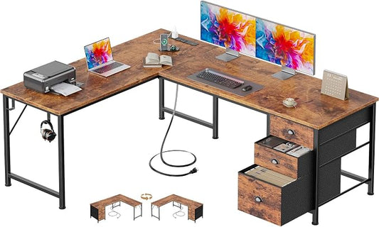 Furologee 63" L Shaped Desk with Power Outlets & USB-C Port, Reversible Corner Computer Desk with 3 Fabric Drawers, Hooks, Large Home Office Desk for Gaming, Writing, Work, Rustic Brown