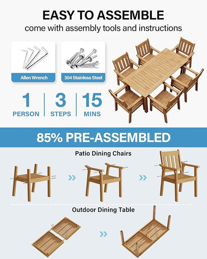 YEFU Outdoor Dining Table for 6: All Weather Rectangular Patio Table with Umbrella Hole and Aluminum Frame - Outdoor Furniture for Outside Backyard/Garden/Pool/Porch/Deck, 300lbs Capacity, Teak