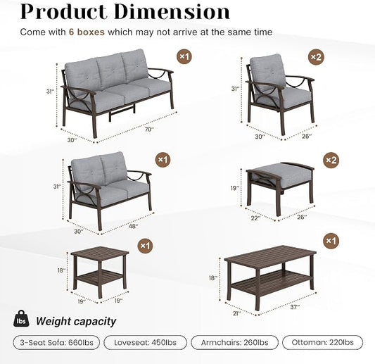 FansaFurn 8-Pieces Outdoor Patio Furniture Set, Outdoor Metal Sectional Furniture with Cushions, Outdoor Conversation Seating Set with Coffee Table for Garden, Balcony, Deck, Backyard, Grey