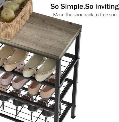 4-Tier Metal Shoe Rack with Wood Top - Durable & Space-Saving Shoe Organizer,Industrial Shoe Organizer Shelf Bench Storagefor Closet Entryway, Bedroom & Hallway - Gray + Black 28.5 W × 25.5" H