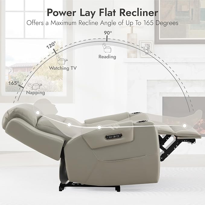 Watson & Whitely Oversized Genuine Leather Power Recliner Chairs for Big and Tall, Extra Wide Lay Flat Recliner with Power Headrest & Cup Holders, Electric Reclining Sofa for Living Room, Grey
