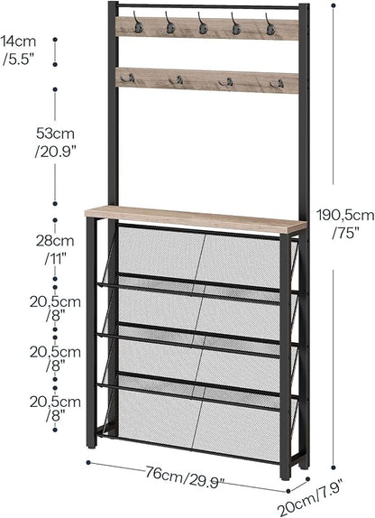 HOOBRO Hall Tree with Bench, Narrow Shoe Rack with Coat Rack, Coat Rack with Shoe Storage, 5 Tier Slanted Shoe Storage Organizer, Coat and Shoe Rack Entryway, Slim Hall Tree, Greige BG20MT01