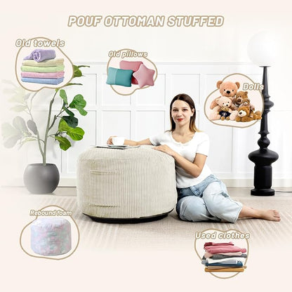 Round Stuffed Pouf Ottoman,Corduroy Foot Rest with Rebound Foam Filled, Furry and Fluffy Foot Stool Ottoman, Floor Poufs for Living Room (Beige, 20" D x 20" W x 15" H)