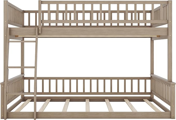 Full XL Over Queen Bunk Bed with Safety Guardrails, Solid Wood Floor Bunk Bed Frame with Sturdy Slat Support for Kids Teens Adults, Detachable Design (Walnut-tra)