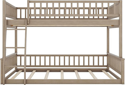 Full XL Over Queen Bunk Bed with Safety Guardrails, Solid Wood Floor Bunk Bed Frame with Sturdy Slat Support for Kids Teens Adults, Detachable Design (Walnut-tra)