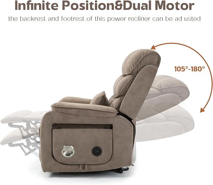 JIKFRIMA Power Lift Recliners Chairs for Elderly Adults Lay Flat Recliner with Heat & Massage, Wireless Charging Device, USB Ports, Cup Holder, Lumbar Pillow, 400Lbs（Velvet Fibric,Light Brown）