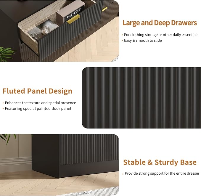 6 Drawer Dresser & Nightstand Set 3-Piece, 55” Wide Bedroom Set Night Stand Set of 2 with Metal Handle, Fluted Modern Wood Chest of Drawers Storage Dressers Set for Bedroom, Black