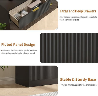 Black Dresser and Nightstand Sets, 6 Drawer Dresser Set for Bedroom 3 Piece, 55” Wide Fluted Wood Dressers W/Metal Handle & Night Stand Set of 2, Modern Bedroom Furniture Sets, Black