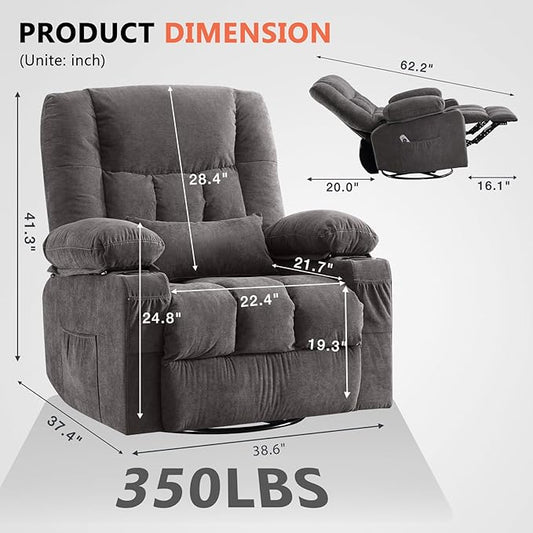 Swivel Rocker Recliner Chair with Vibration Massage and Heat Ergonomic Lounge Chair for Living Room with Rocking Function and Side Pocket, 2 Cup Holders, USB Charge Port