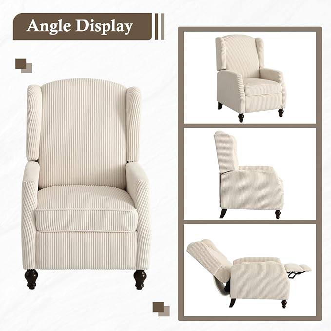 Upholstered Wingback Recliner Chair, Cozy Corduroy Manual Push Back Recliner for Living Room, Bedroom (2, Beige)
