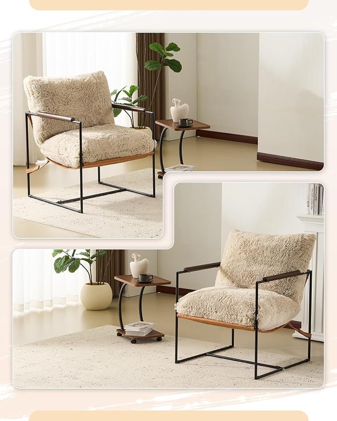 Karl home Modern Metal Frame Accent Chair, Khaki | Plush Fleece Upholstered, Wood Padded Armrest, 28" Seat Width, Comfy Lounge Armchair for Living Room, Bedroom, Apartment