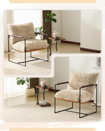 Karl home Modern Metal Frame Accent Chair, Khaki | Plush Fleece Upholstered, Wood Padded Armrest, 28" Seat Width, Comfy Lounge Armchair for Living Room, Bedroom, Apartment