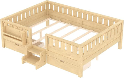 Bellemave Queen Size Bed with Slats and Stairs, Queen Size Platform Bed Frame with Fence, Bookshelf and Storage Drawers, Easy Assemble Beds for Girls, Boys, Light Natural