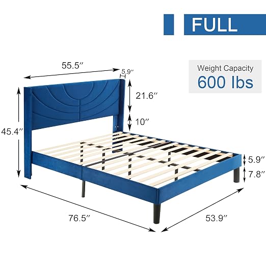 VECELO Upholstered Platform Full Bed Frame with Fabric Headboard,Wooden Slats Support/No Box Spring Needed/Mattress Foundation,Dark Blue
