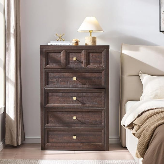 3-Piece Bedroom Set, 5 Drawer Tall Dresser and 3 Drawer King Size Nightstands Set of 2 with Charging Station, 3 Piece Farmhouse Wood Bedroom Dresser and Nightstand Sets, Brown