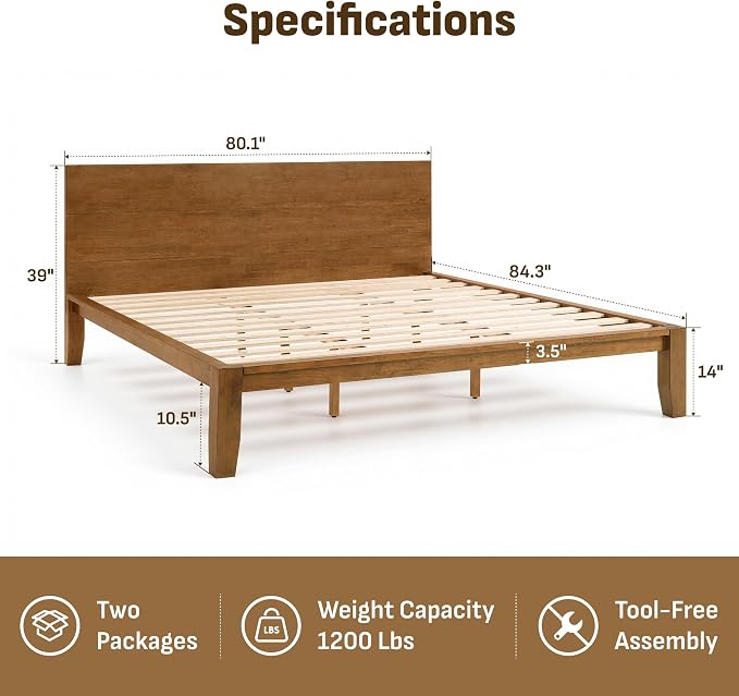 Softa Mikor King Japanese Joinery Bed Frame with Headboard, Solid Rubberwood, 1500 Lbs Heavy Duty Slats Support, SGS Certified, No-Tool Setup, Hidden Storage, USB-A/C Port, No Box Spring Needed