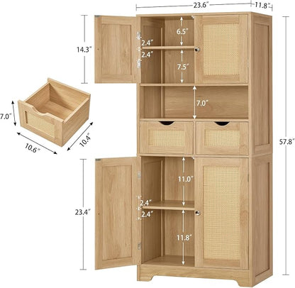 Iwell Tall Storage Cabinet with 2 Drawers & Adjustable Shelves, Rattan Cabinet, Kitchen Storage Cabinet, Pantry Cabinet with 4 Doors, Tall Cabinet for Living Room, Kitchen, Home Office, Natural