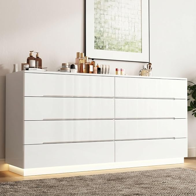 Modern High Gloss Dresser with LED Lights, 8 Drawer Dresser for Bedroom, Bottom Warm Lights, Handle-Free Design, 63" Contemporary Chest of Drawers White 63" W x 15.7" D x 30.9" H