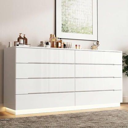 Modern High Gloss Dresser with LED Lights, 8 Drawer Dresser for Bedroom, Bottom Warm Lights, Handle-Free Design, 63" Contemporary Chest of Drawers White 63" W x 15.7" D x 30.9" H