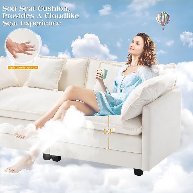 113.4" Modular Sectional Sofa,Cloud Couch for Living Room, Modern Deep Seat Sofa 3 Seater Chenille Fabric Comfy Couches with Throw Pillows for Apartment