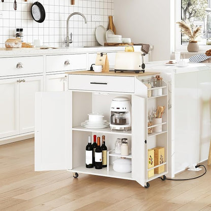 HOOBRO Kitchen Island with Power Outlet, Kitchen Storage Island with Spice Rack and Drawer, Rolling Kitchen on Wheels, for Home, Dining Room, Natural and White WN82UZD01G1