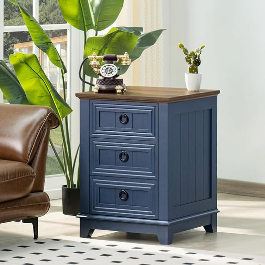 Joaxswe Night Stand Set of 2, Farmhouse 18" End Table with 3 Drawer Metal Handle, Dresser for Bedroom, Sofa Bed Side Table Chest of Drawers,Wood Nightstand Cabinet for Organizer, Living Room-Blue