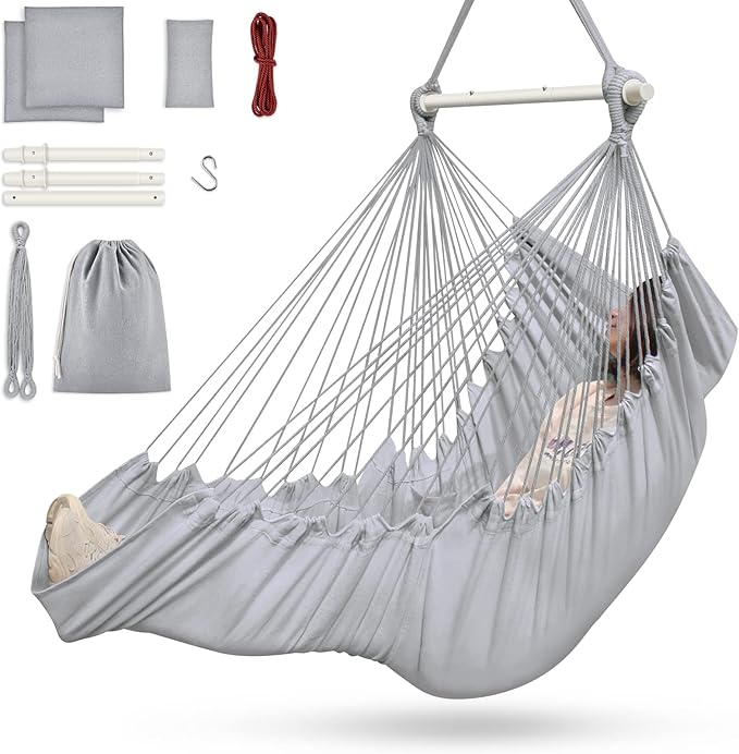 Outerman Hammock Chair, Hanging Chair with 3 Cushions and Foot Rest Support, Durable Metal Spreader Bar Max 440 Lbs, Swing Chair for Bedroom, Indoor & Outdoor, Patio, Porch or Tree（Gray）
