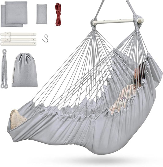 Outerman Hammock Chair, Hanging Chair with 3 Cushions and Foot Rest Support, Durable Metal Spreader Bar Max 440 Lbs, Swing Chair for Bedroom, Indoor & Outdoor, Patio, Porch or Tree（Gray）