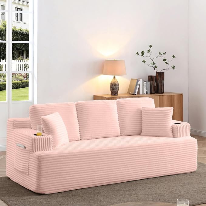 86.2'' Boneless Sofa Couch with Cup Holders & Side Pockets, Modern Corduroy Fabric Upholstered 3-seat Couch with 2 Throw Pillows for Living Room, Office, No Assembly (Pink)