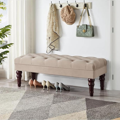 24KF Velvet Upholstered Buttons Tufted Entryway Bench with Solid Wood Leg,Bed Bench Ottoman with Padded Seat,5061N-Taupe
